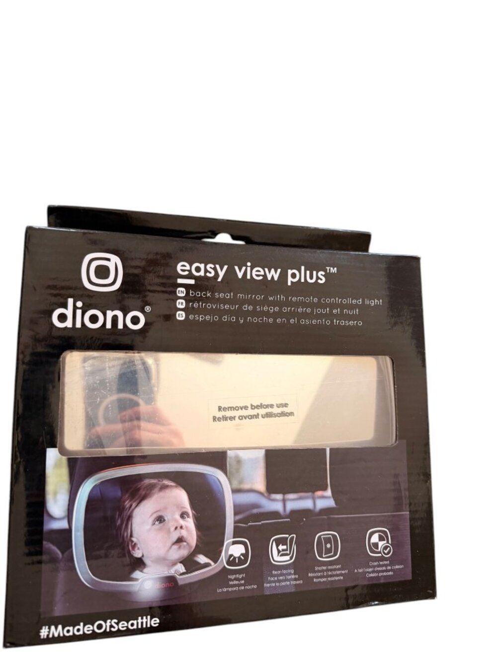 Diono Easy View Plus Back Seat Mirror W/ Remote Light For Rear-Facing Babies Nig